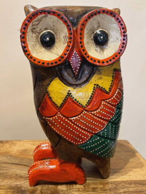Hand-Painted Wooden Owl Sculpture