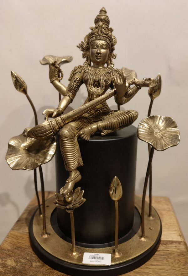Saraswati Idol Lotus Pedestal With Veena Statue – Brass Decor Saraswati Lotus Pedestal With Veena Idol – Brass Decor