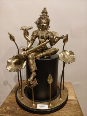 Saraswati Idol Lotus Pedestal With Veena Statue – Brass Decor - by Bodhi